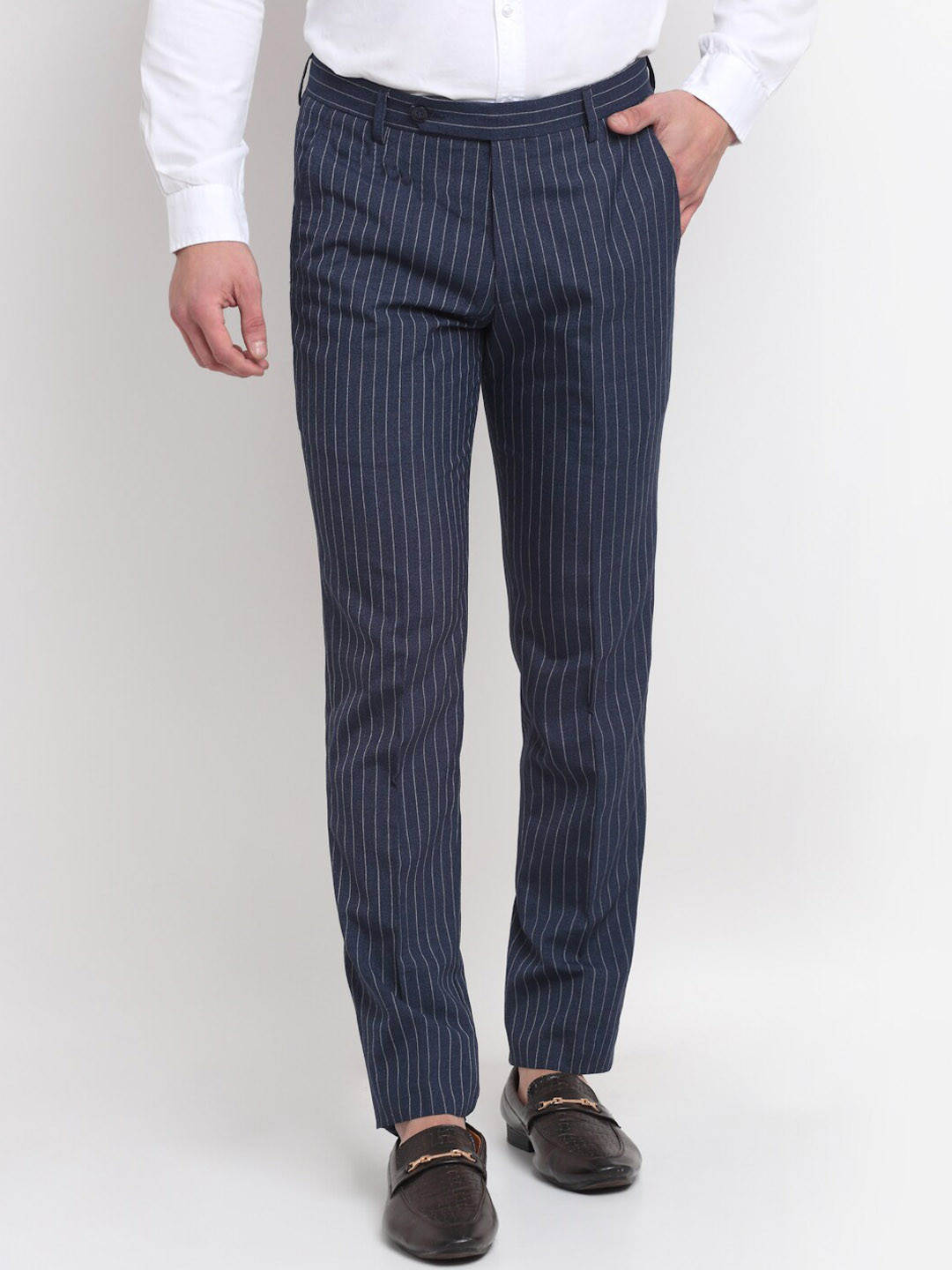 

Ennoble Men Blue Striped Smart Tapered Fit Easy Wash Trousers