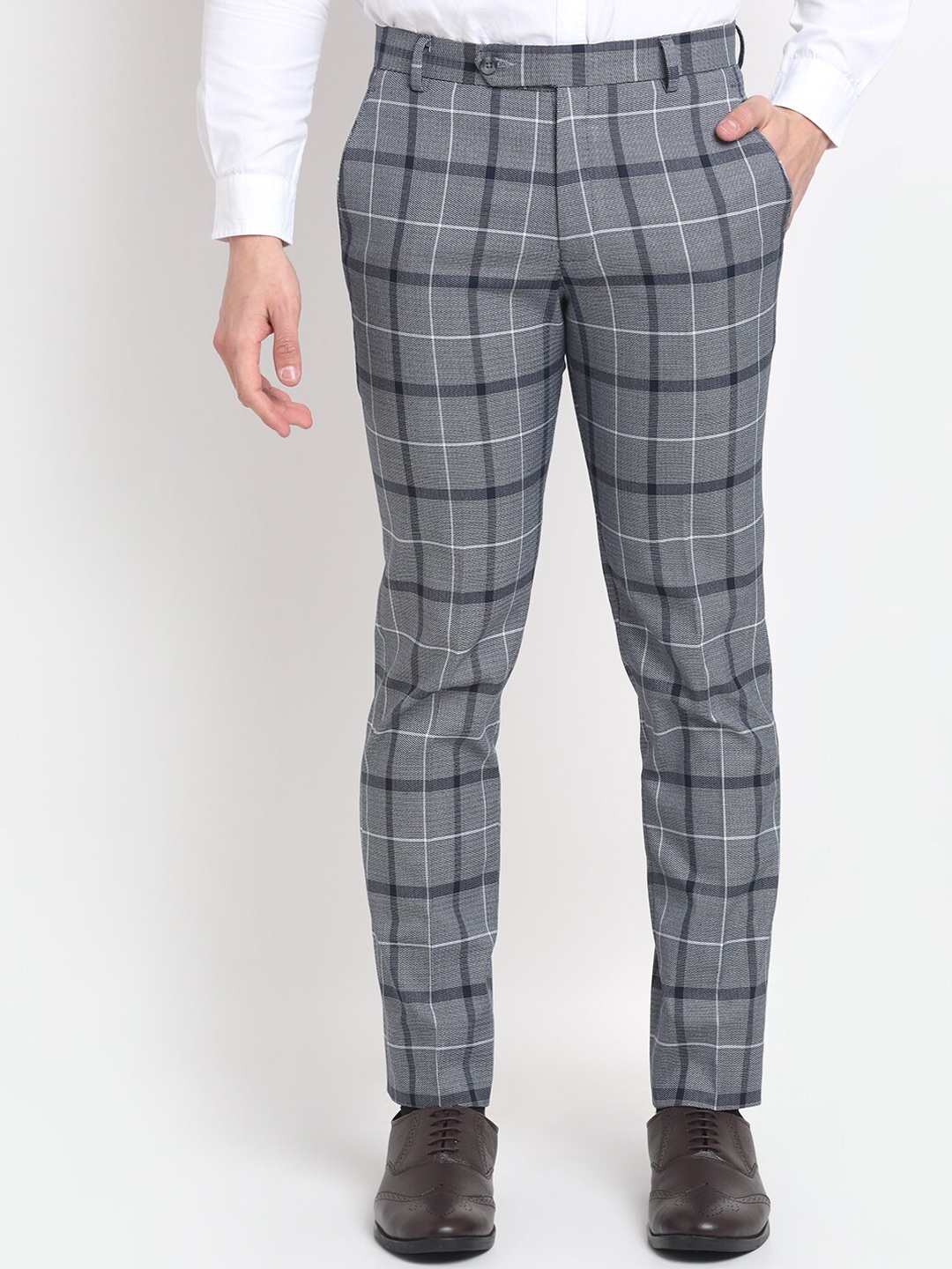 

Ennoble Men Blue Checked Smart Tapered Fit Easy Wash Trousers