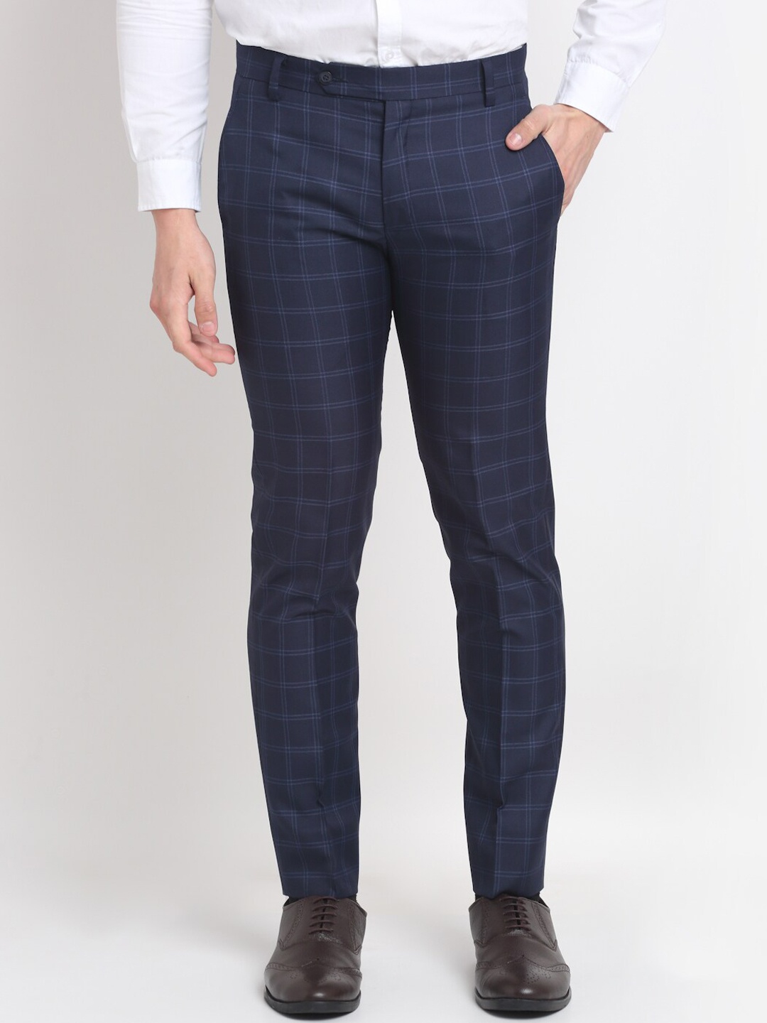 

Ennoble Men Blue Checked Smart Tapered Fit Easy Wash Trousers