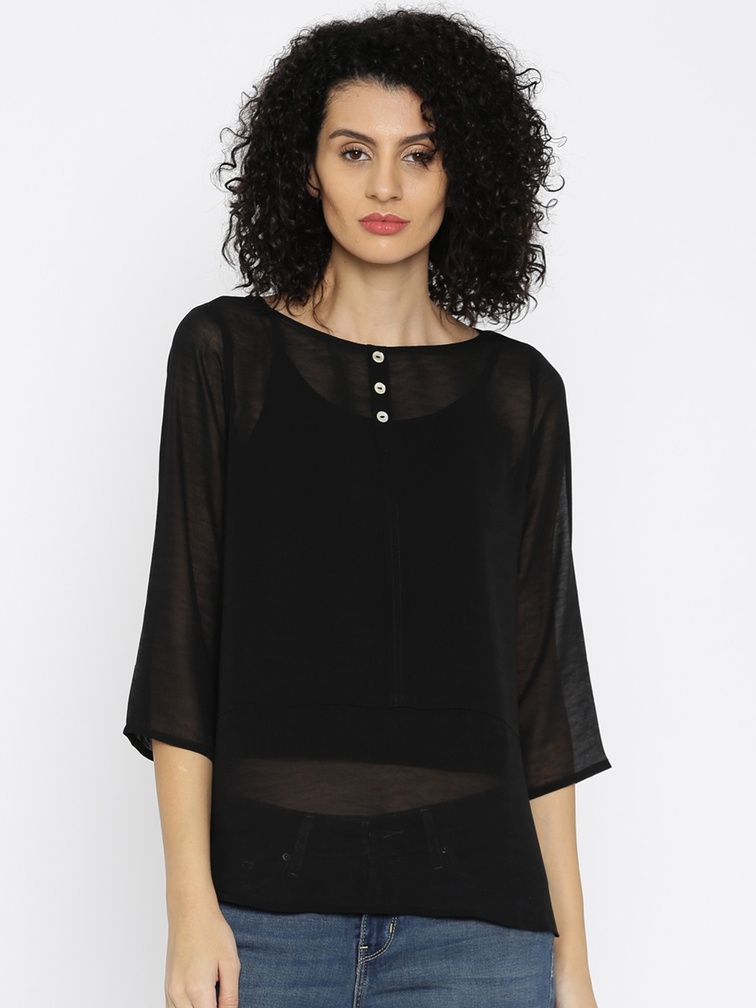 

AND Women Black Solid Sheer Top