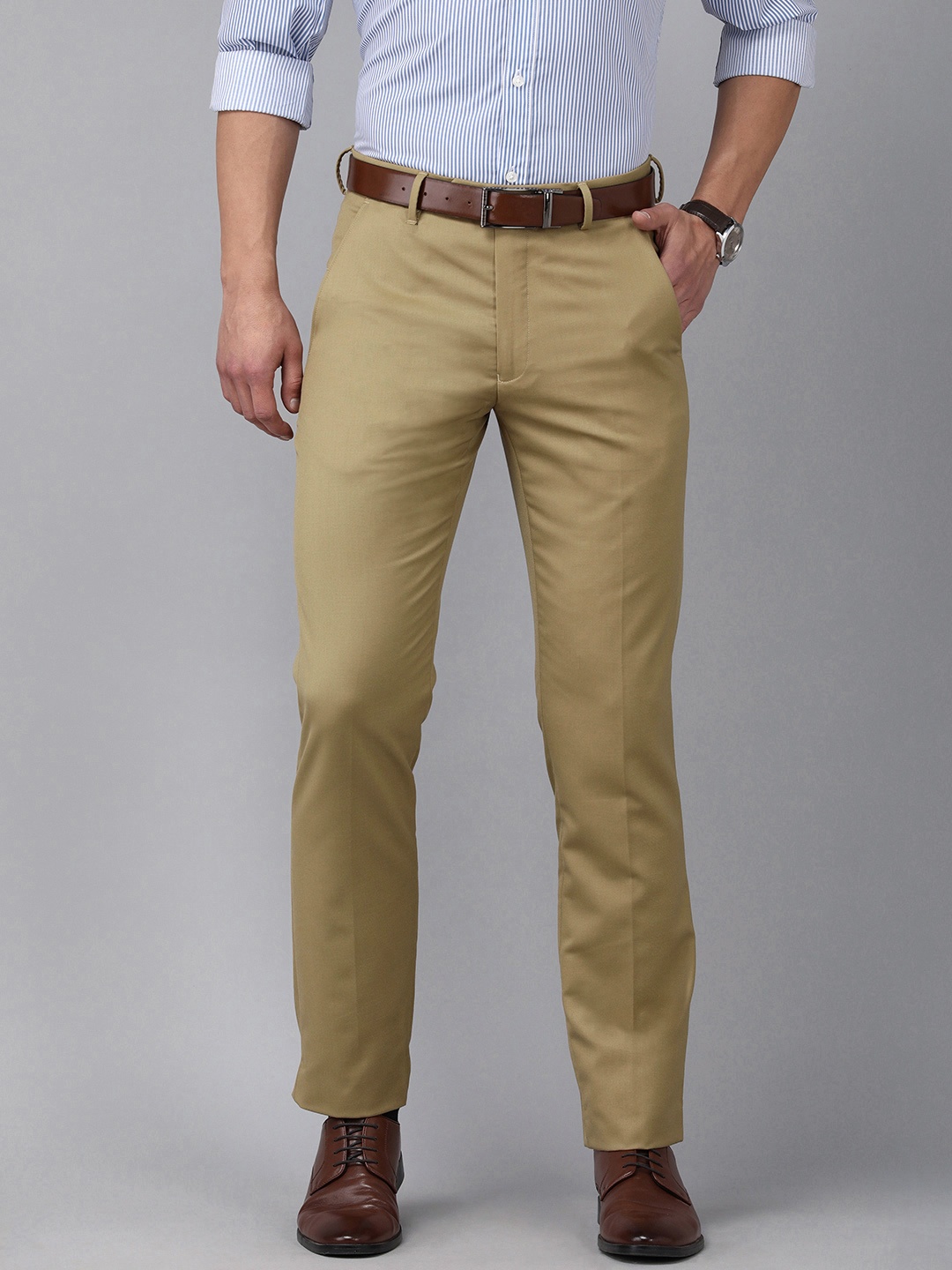 

Van Heusen Men Khaki Solid Slim Fit Mid Rise Formal Trousers