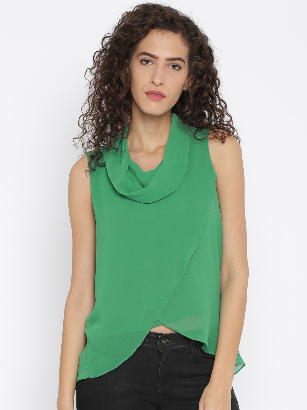 

AND Women Green Solid Cowl Neck Layered Wrap Top