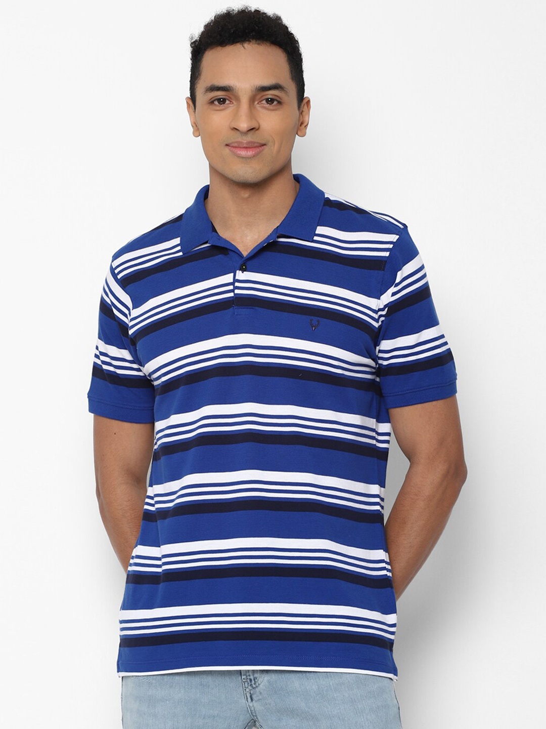 

Allen Solly Men Navy Blue Striped Polo Collar Pockets T-shirt