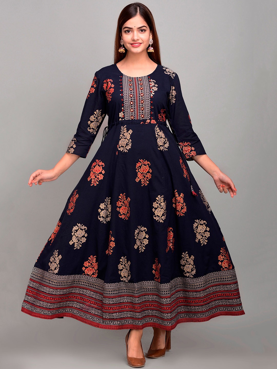 

DIVYANK Women Navy Blue Floral Printed Gotta Patti Anarkali Kurta