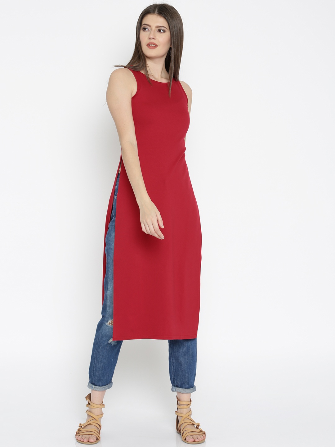 

AND Women Red Solid Straight Knitted Kurta