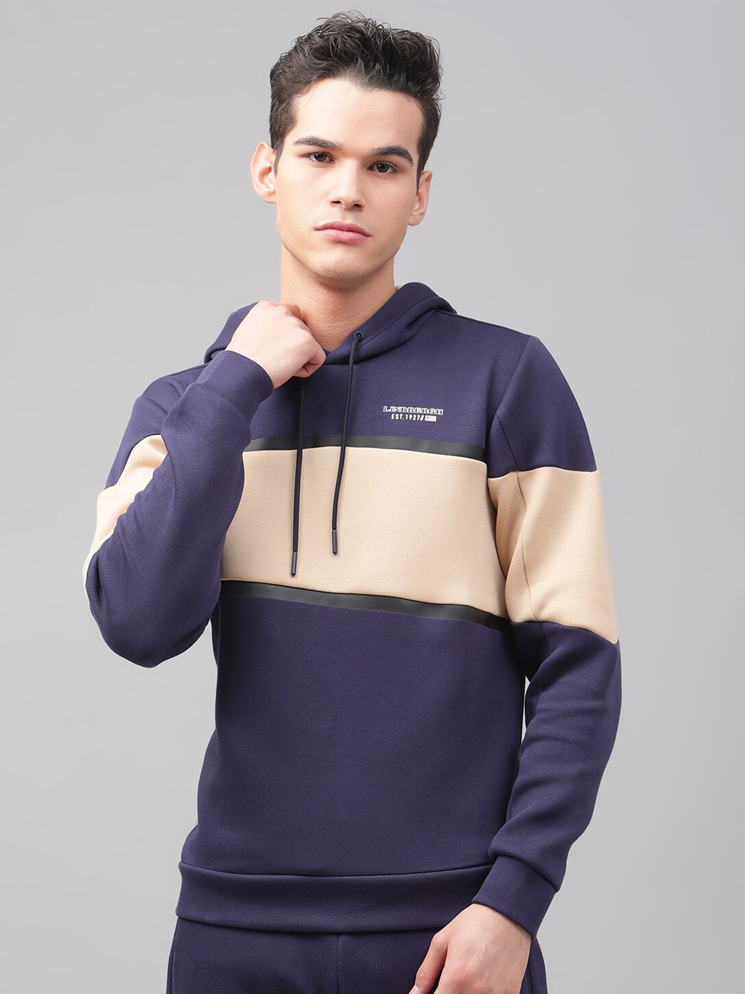

LINDBERGH Men Beige Colourblocked Hooded Sweatshirt