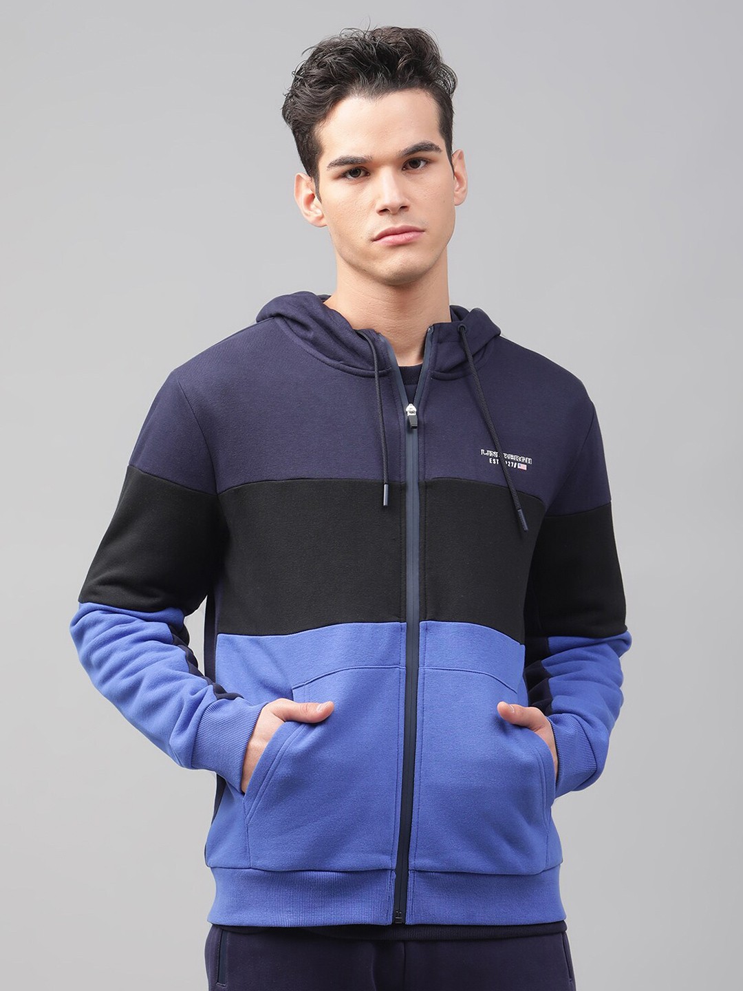 

LINDBERGH Men Blue Colourblocked Hooded Sweatshirt