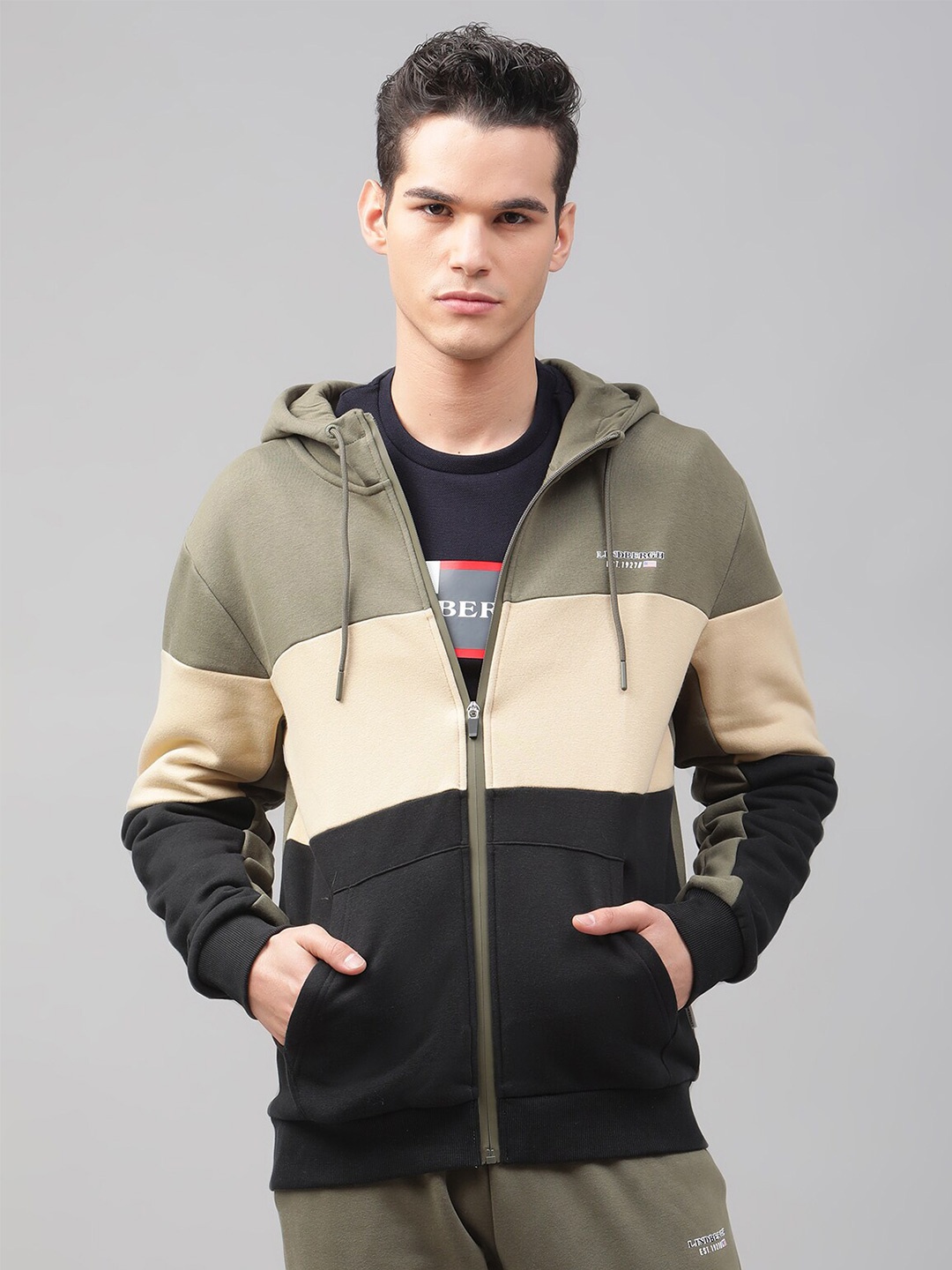 

LINDBERGH Men Black Colourblocked Hooded Sweatshirt