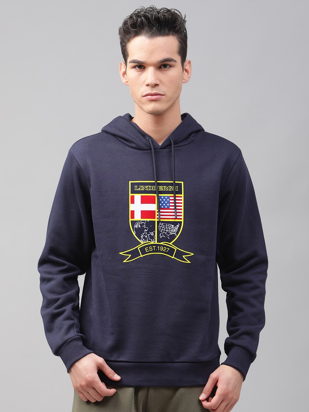 

LINDBERGH Men Navy Blue Printed Hooded Sweatshirt