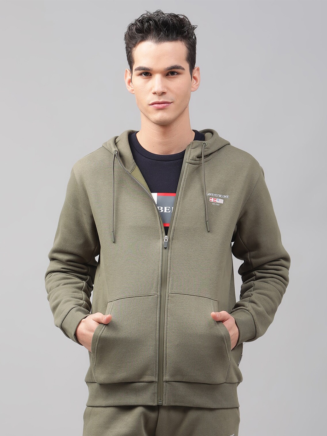 

LINDBERGH Men Olive Green Hooded Sweatshirt