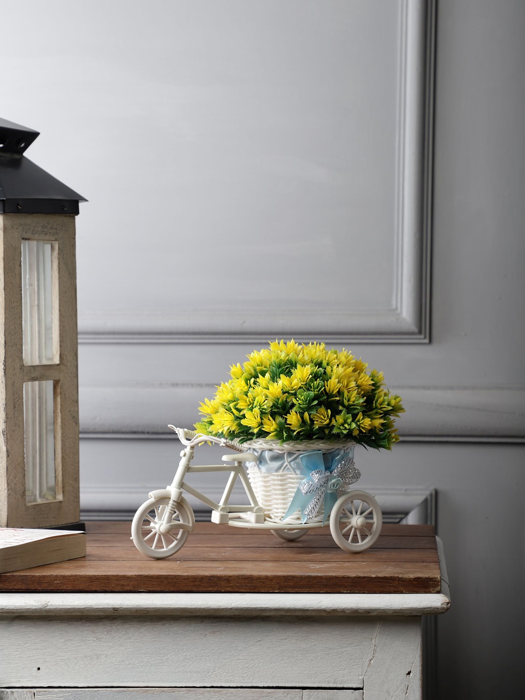 

FOLIYAJ Yellow Hanging Plant Leaves With Rickshaw Showpiece