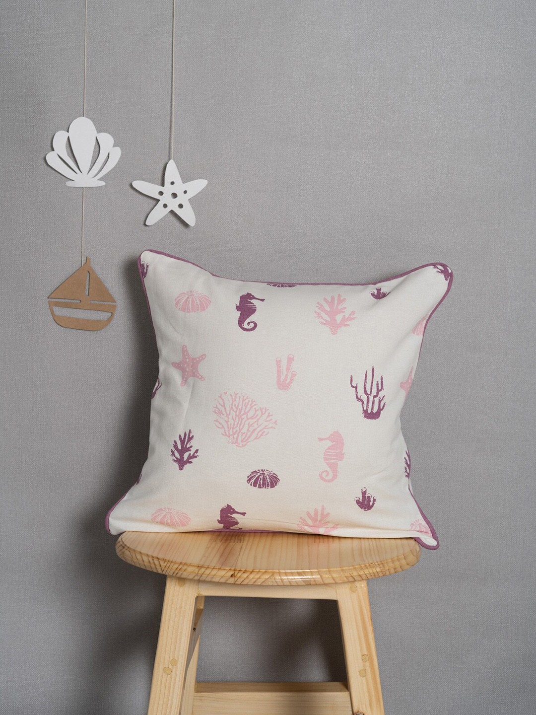 

The Yellow Dwelling White & Pink Printed Square Cushion Cover"