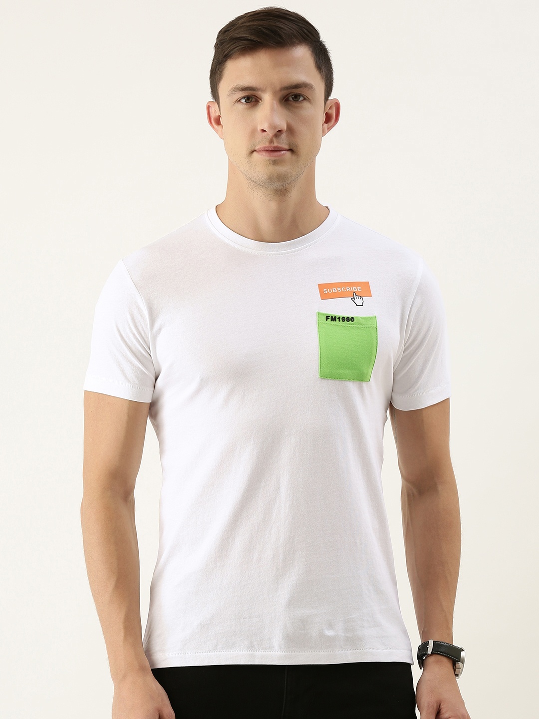 

Flying Machine Men White & Green Typography Printed Pure Cotton Slim Fit T-shirt