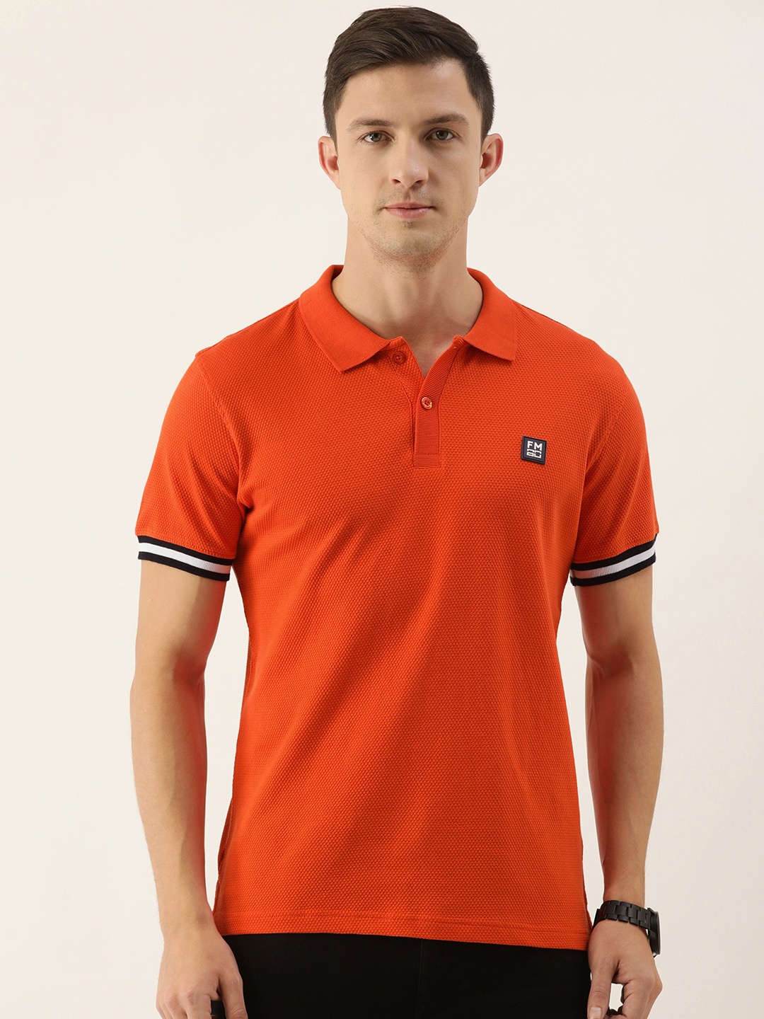 

Flying Machine Men Orange Self Design Polo Collar Pure Cotton Slim Fit T-shirt