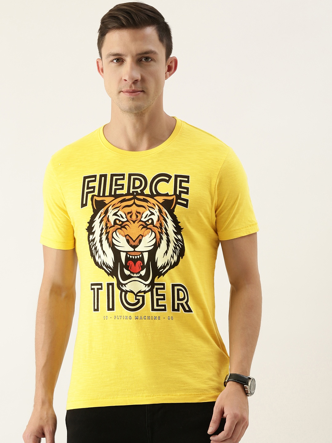 

Flying Machine Men Yellow & Black Typography Printed Slim Fit Pure Cotton T-shirt
