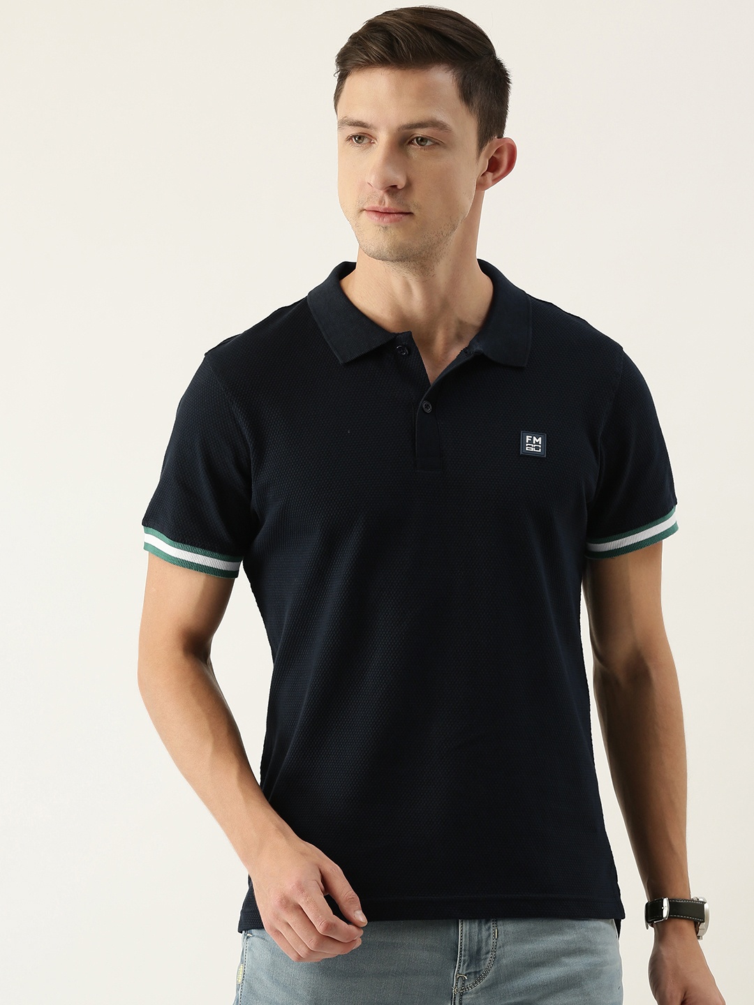 

Flying Machine Men Navy Blue Self Design Polo Collar Pure Cotton Slim Fit T-shirt