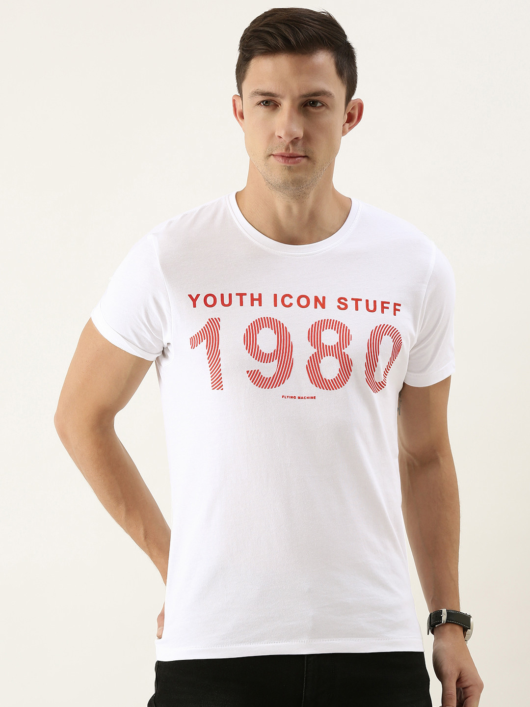 

Flying Machine Men White & Pink Typography Printed Slim Fit Pure Cotton T-shirt