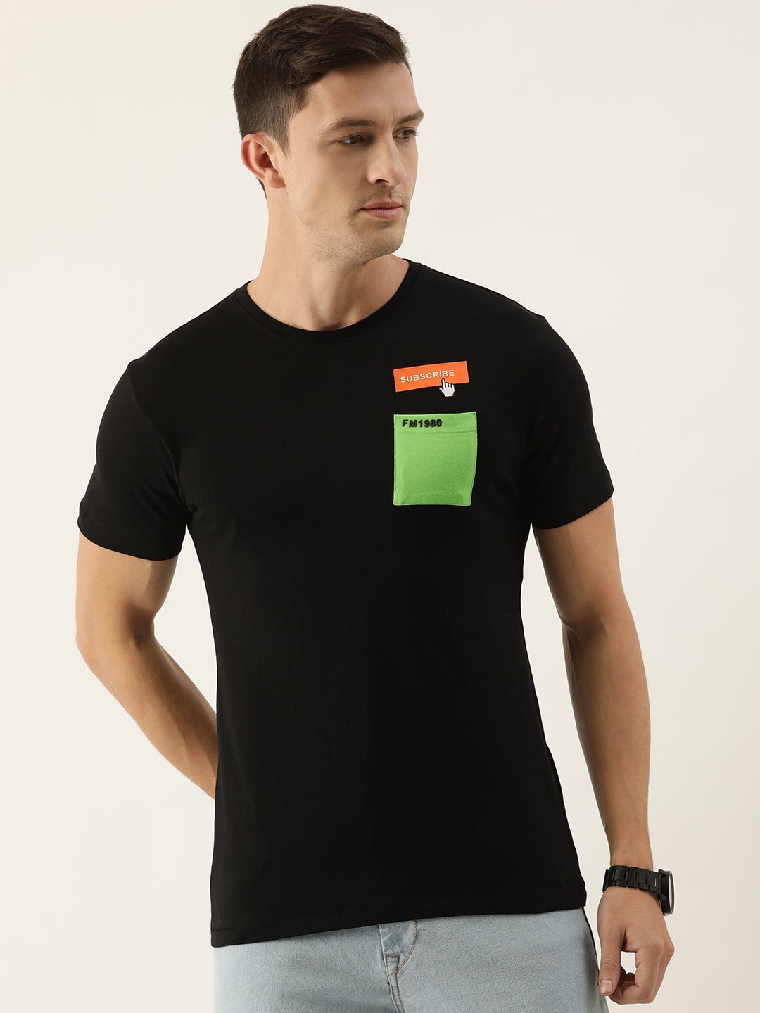 

Flying Machine Men Black & Green Typography Printed Slim Fit Pure Cotton T-shirt