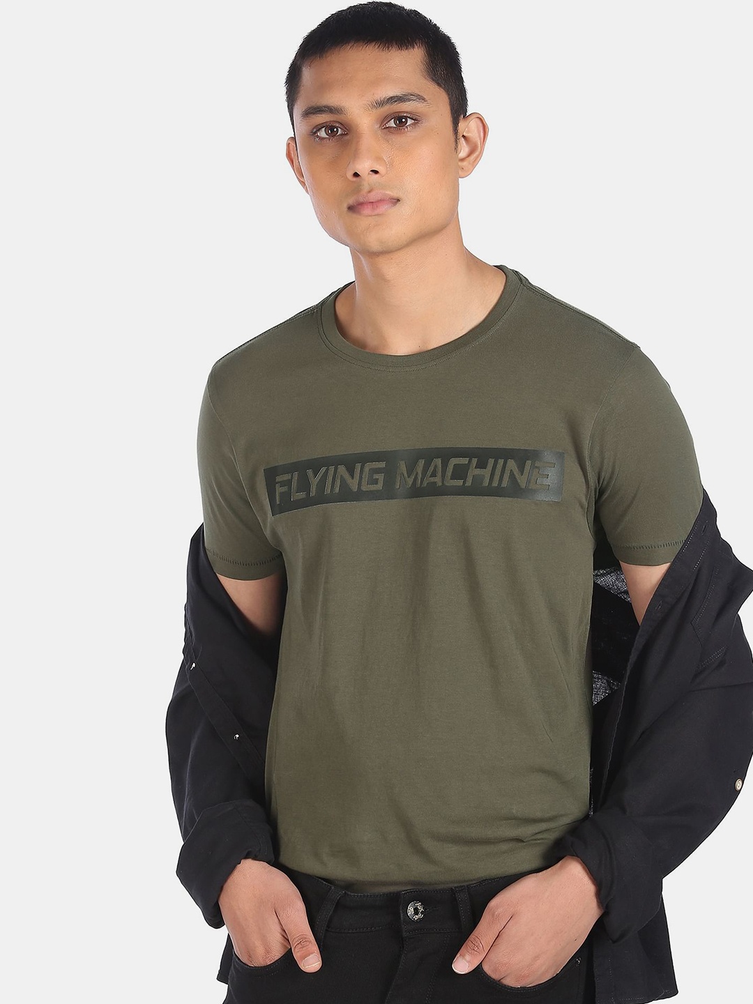 

Flying Machine Men Olive Green & Grey Printed Applique Slim Fit Pure Cotton T-shirt