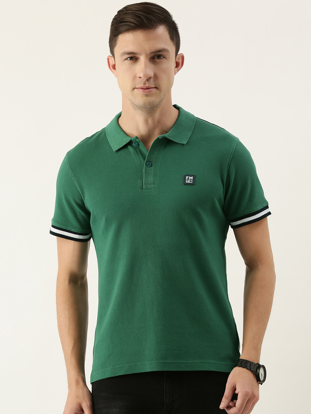 

Flying Machine Men Green Self Design Polo Collar Pure Cotton Slim Fit T-shirt