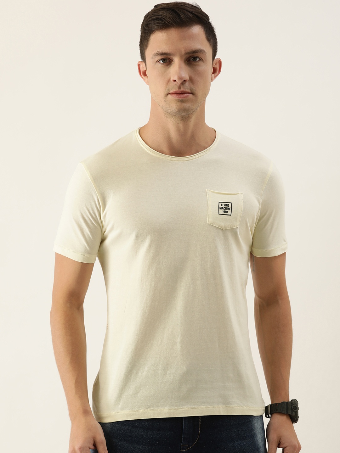 

Flying Machine Men Off White Cotton Slim Fit T-shirt
