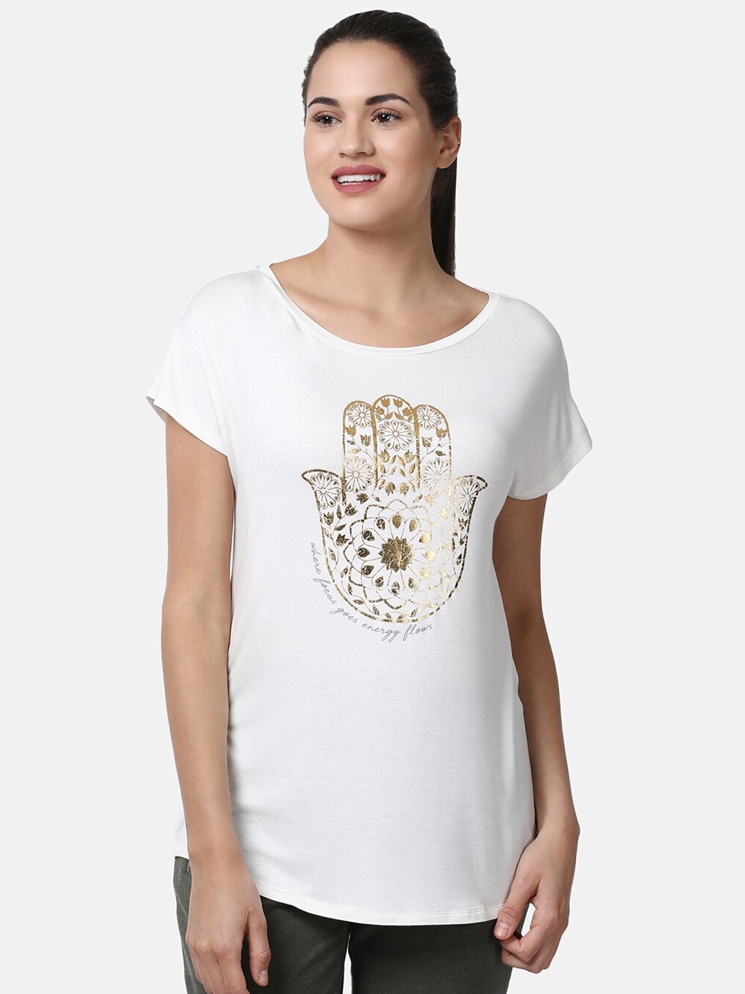 

Enamor Women Off White Printed Outdoor T-shirt