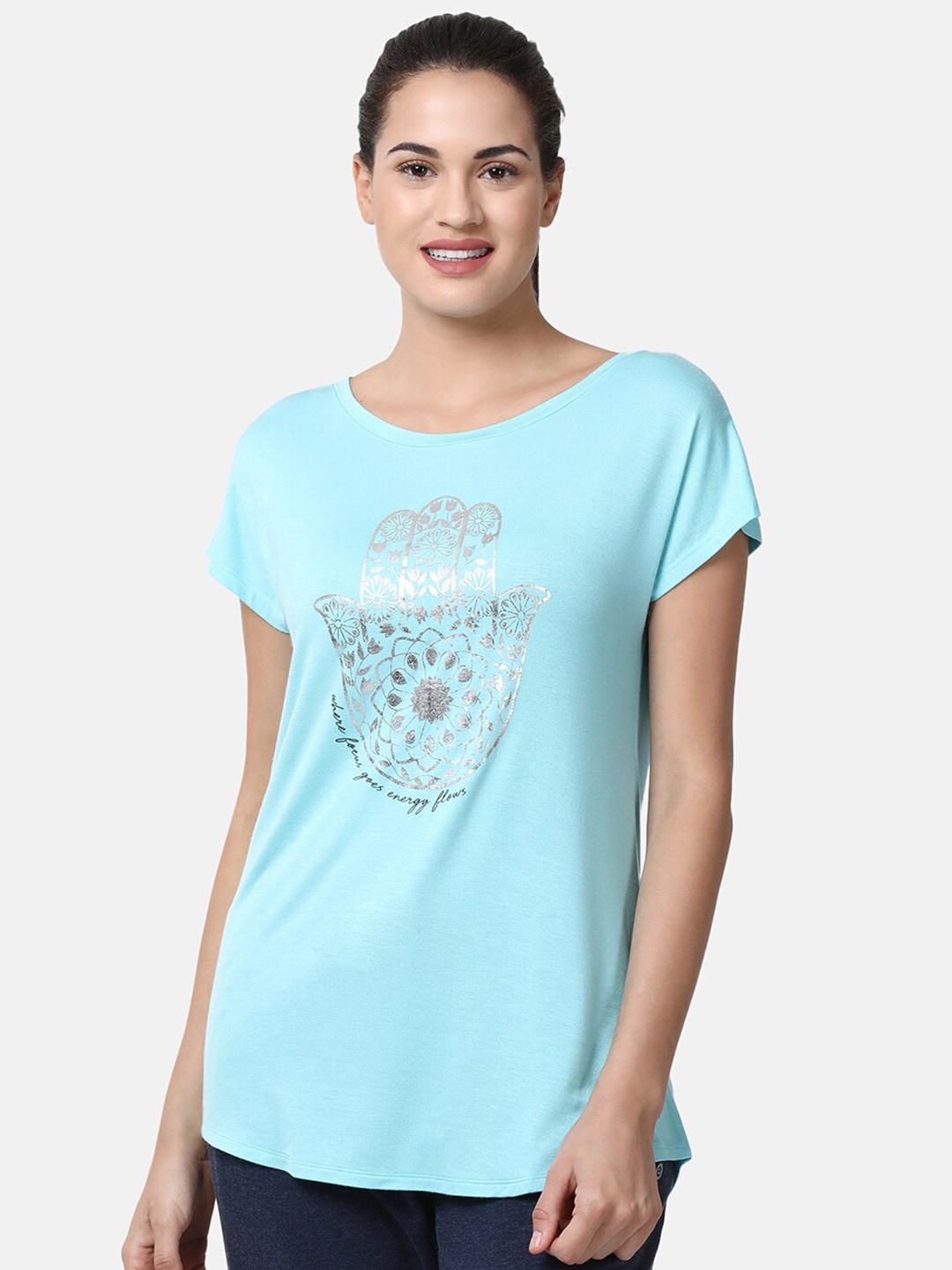

Enamor Women Blue Printed Extended Sleeves T-shirt