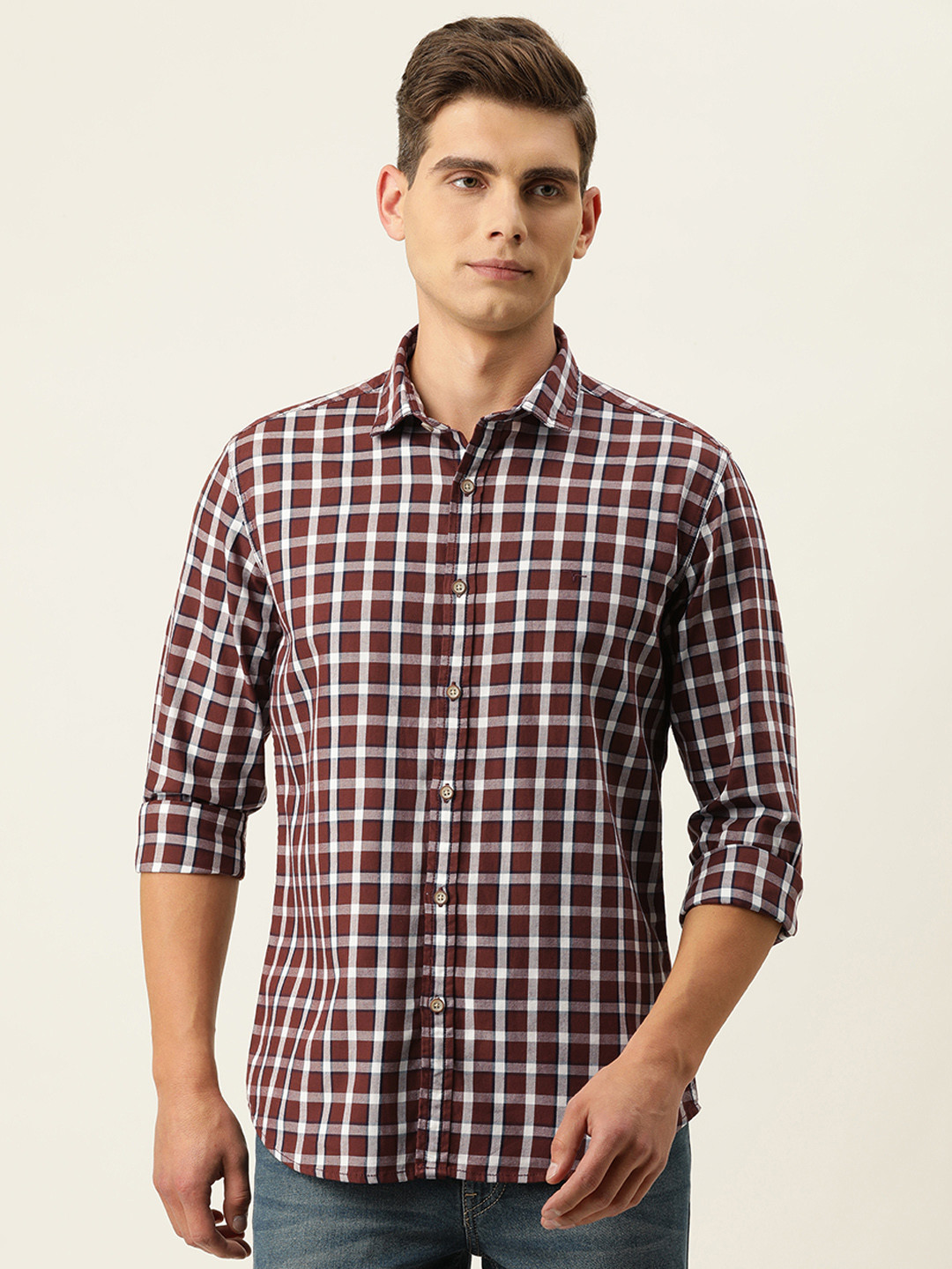 

Flying Machine Men Maroon & White Slim Fit Checked Pure Cotton Casual Shirt