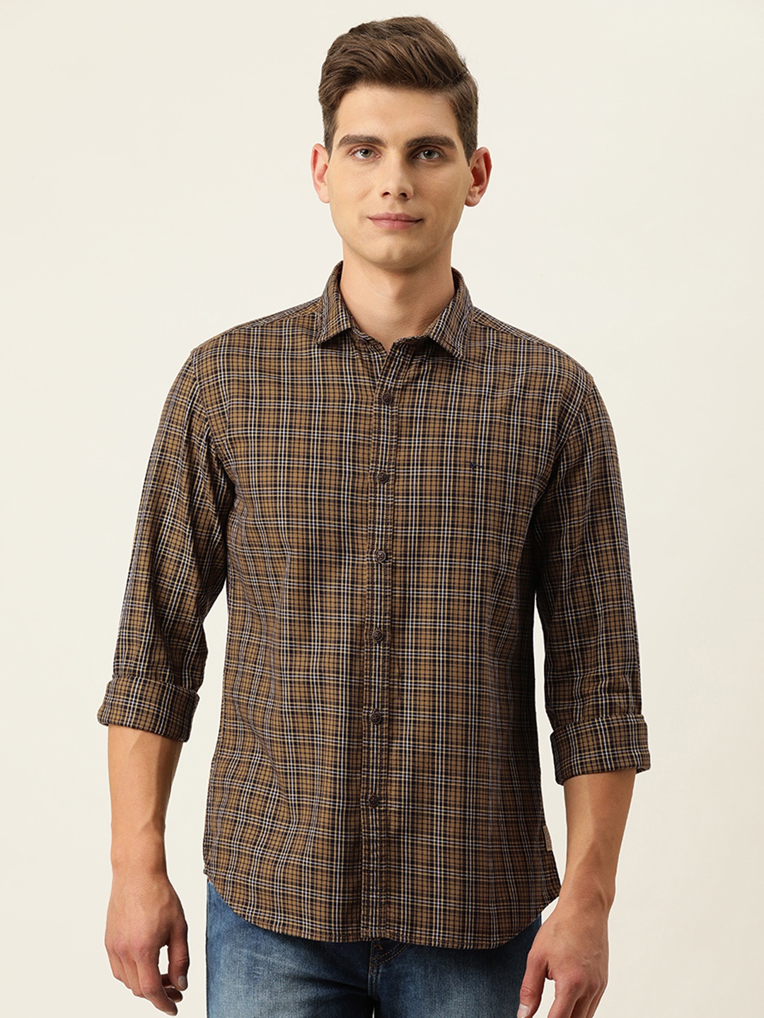 

Flying Machine Men Brown & Black Checked Slim Fit Pure Cotton Casual Shirt