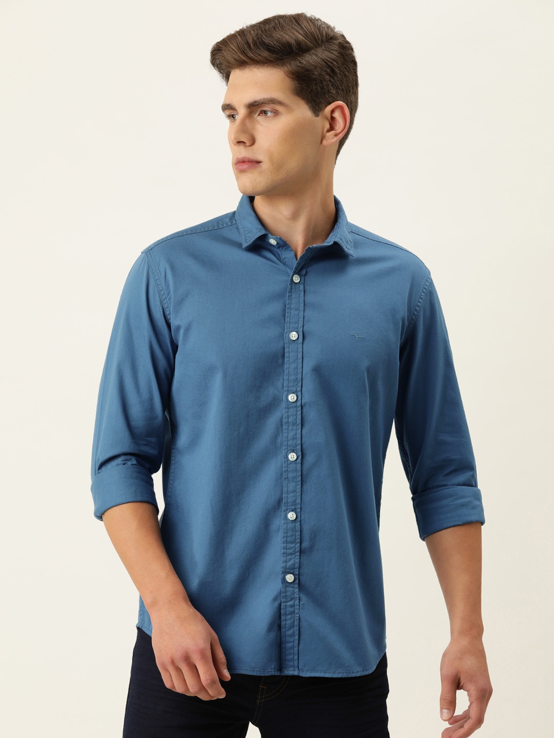 

Flying Machine Men Blue Solid Pure Cotton Slim Fit Casual Shirt