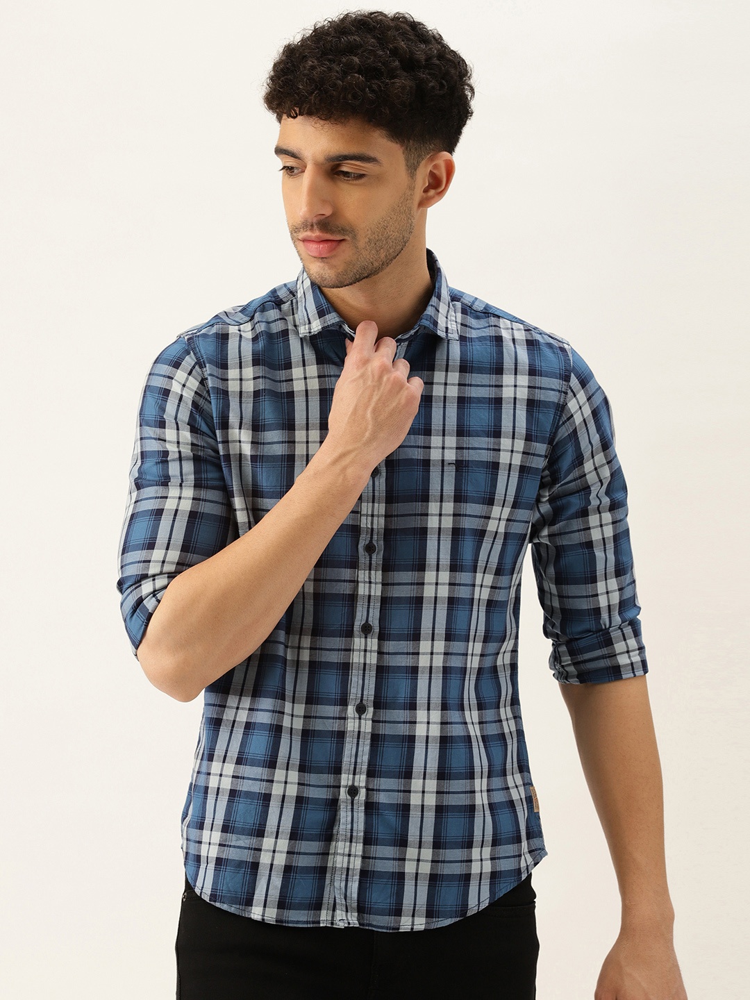 

Flying Machine Men Blue Slim Fit Tartan Checks Pure Cotton Casual Shirt