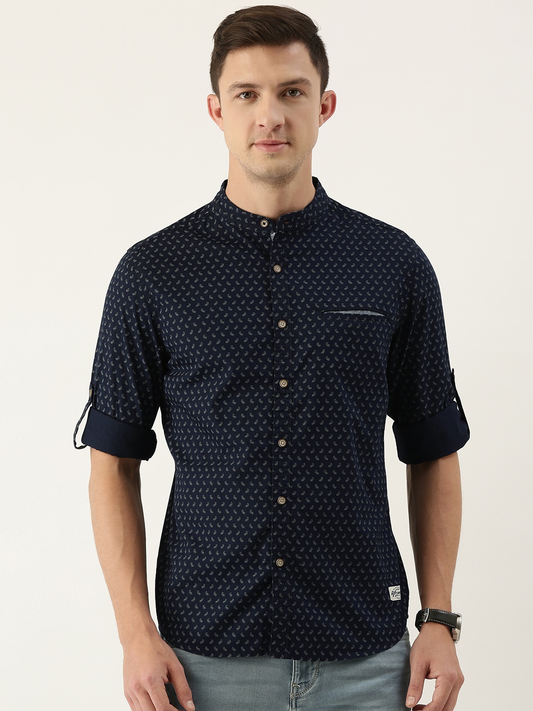 

Flying Machine Men Navy Blue &White Printed Pure Cotton Slim Fit Casual Shirt