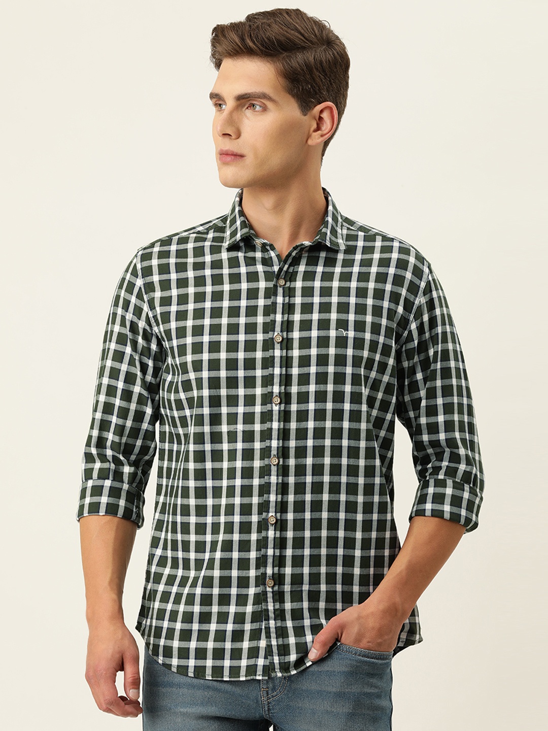 

Flying Machine Men Green Slim Fit Windowpane Checked Casual Shirt