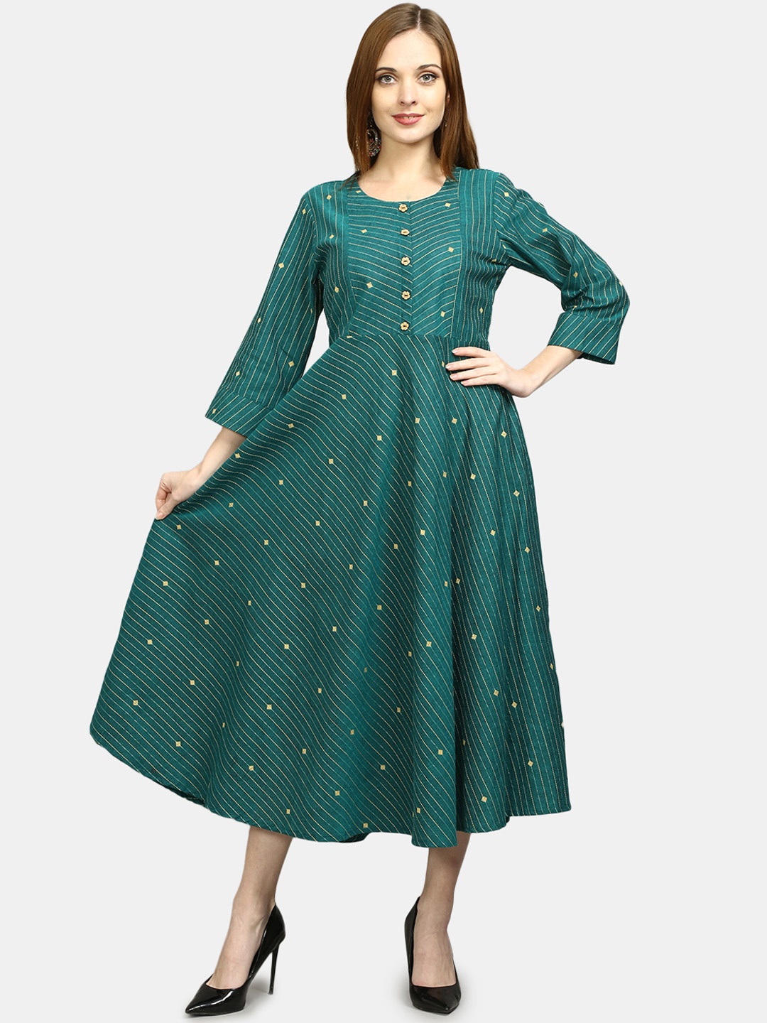 

FLAVIDO Teal Green Ethnic A-Line Midi Dress