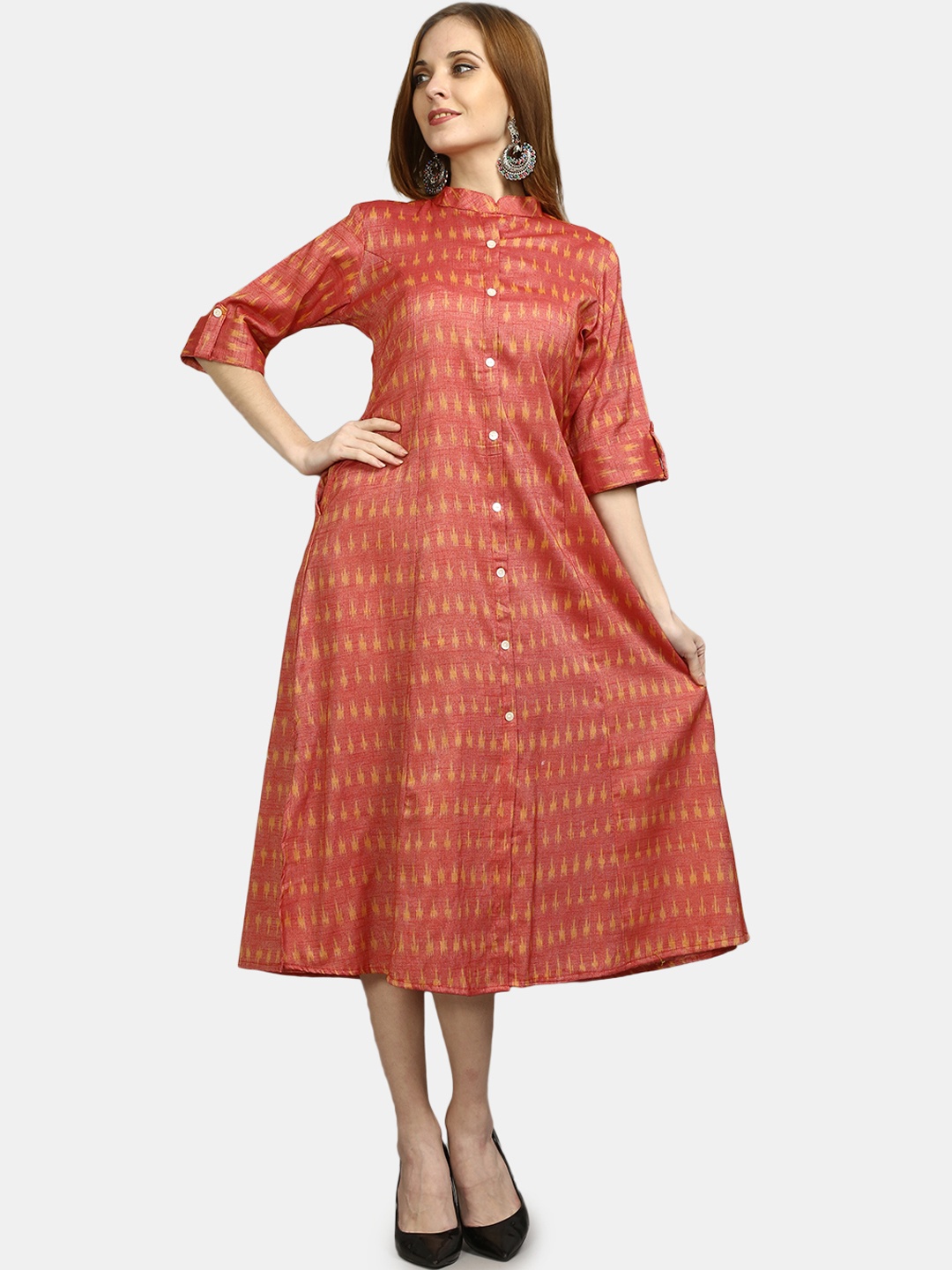 

FLAVIDO Orange Ethnic A-Line Midi Dress