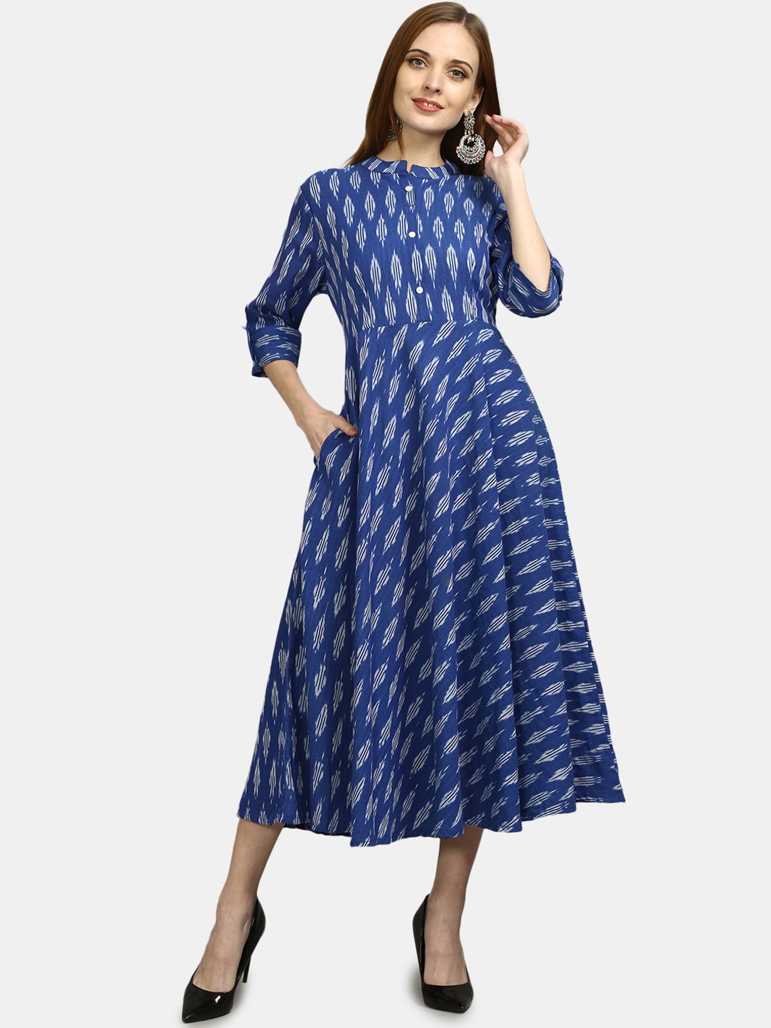 

FLAVIDO Women Blue Ethnic Motifs Cotton A-Line Midi Dress