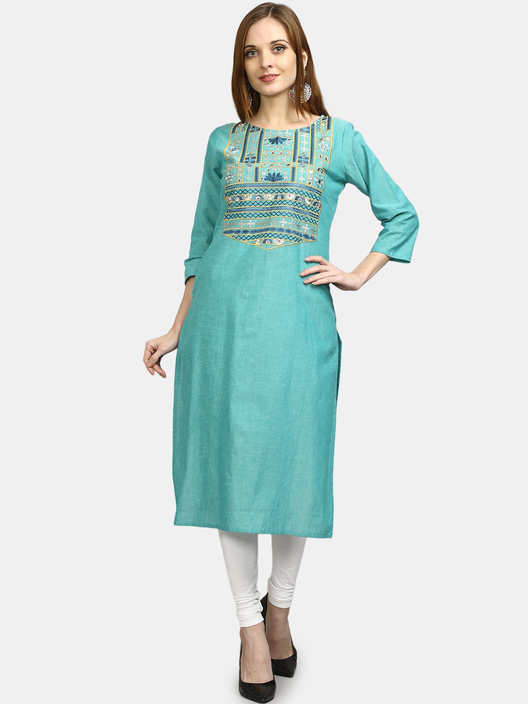 

FLAVIDO Women Sea Green Ethnic Motifs Embroidered Thread Work Kurta