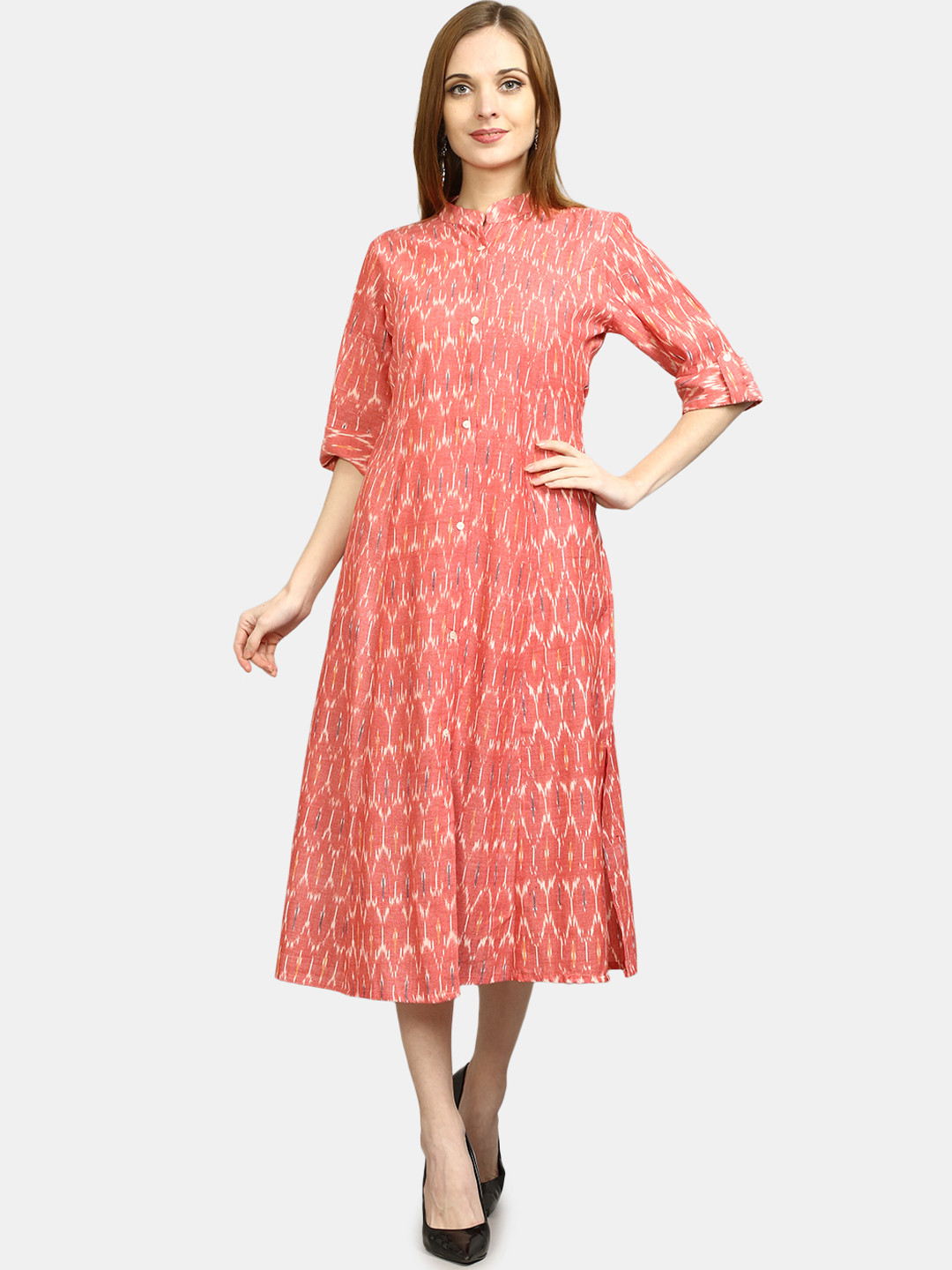 

FLAVIDO Coral Ethnic Motifs Cotton A-Line Midi Dress