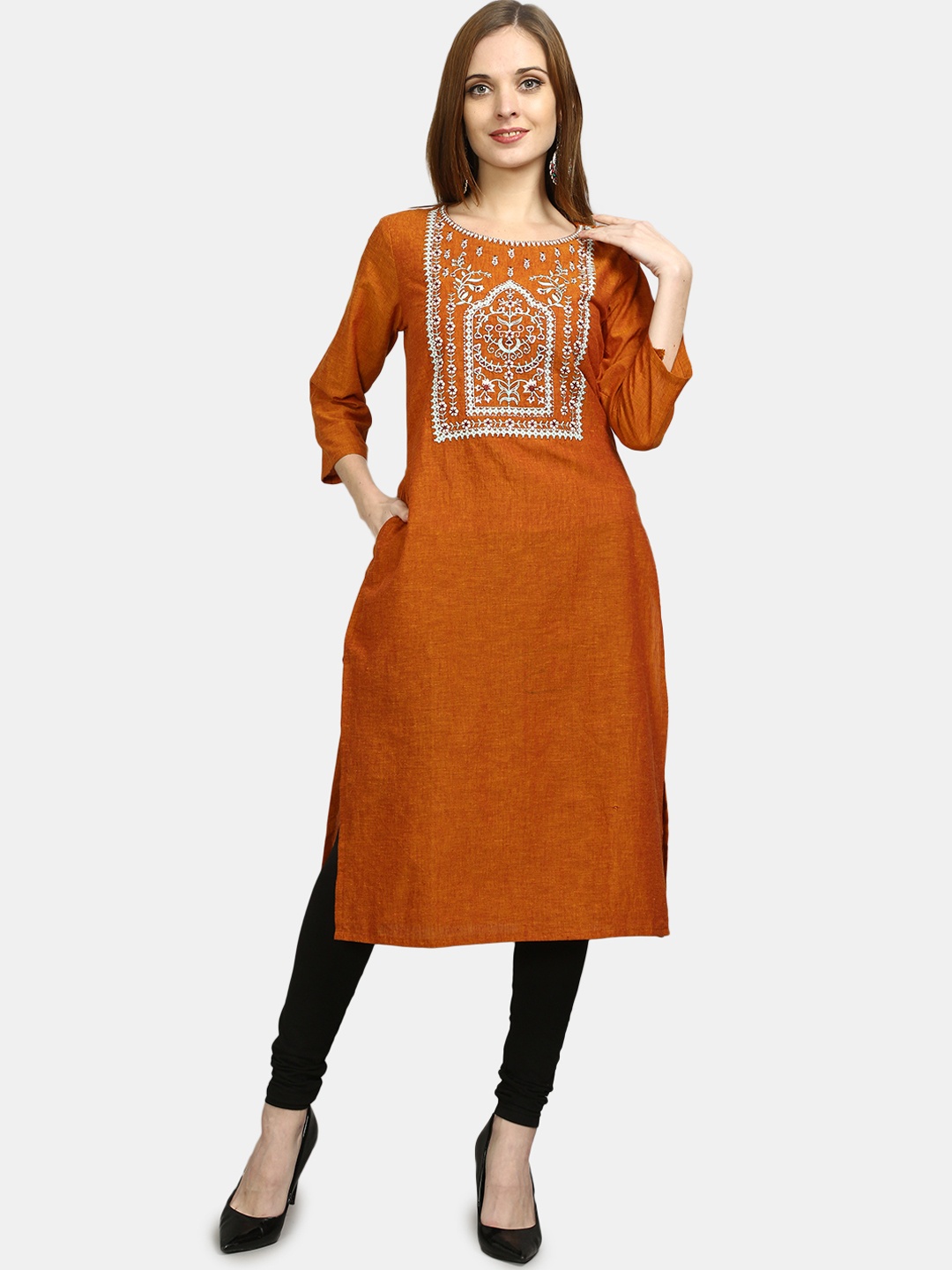 

FLAVIDO Women Orange & Off White Ethnic Motifs Yoke Design Thread Work Kurta