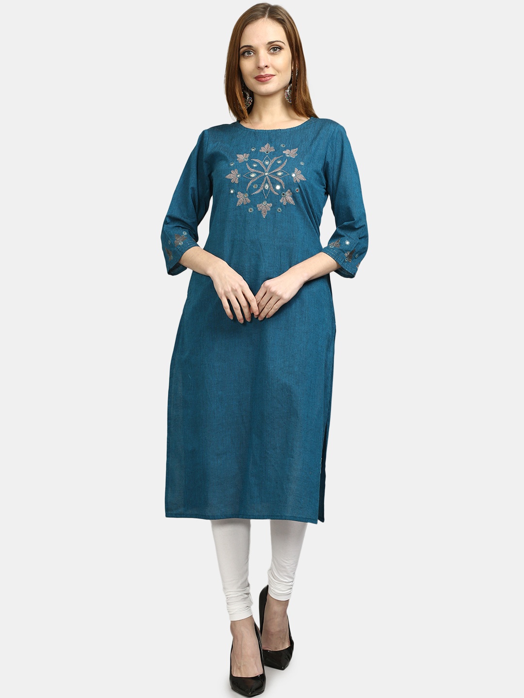 

FLAVIDO Women Teal Blue Floral Embroidered Thread Work Kurta