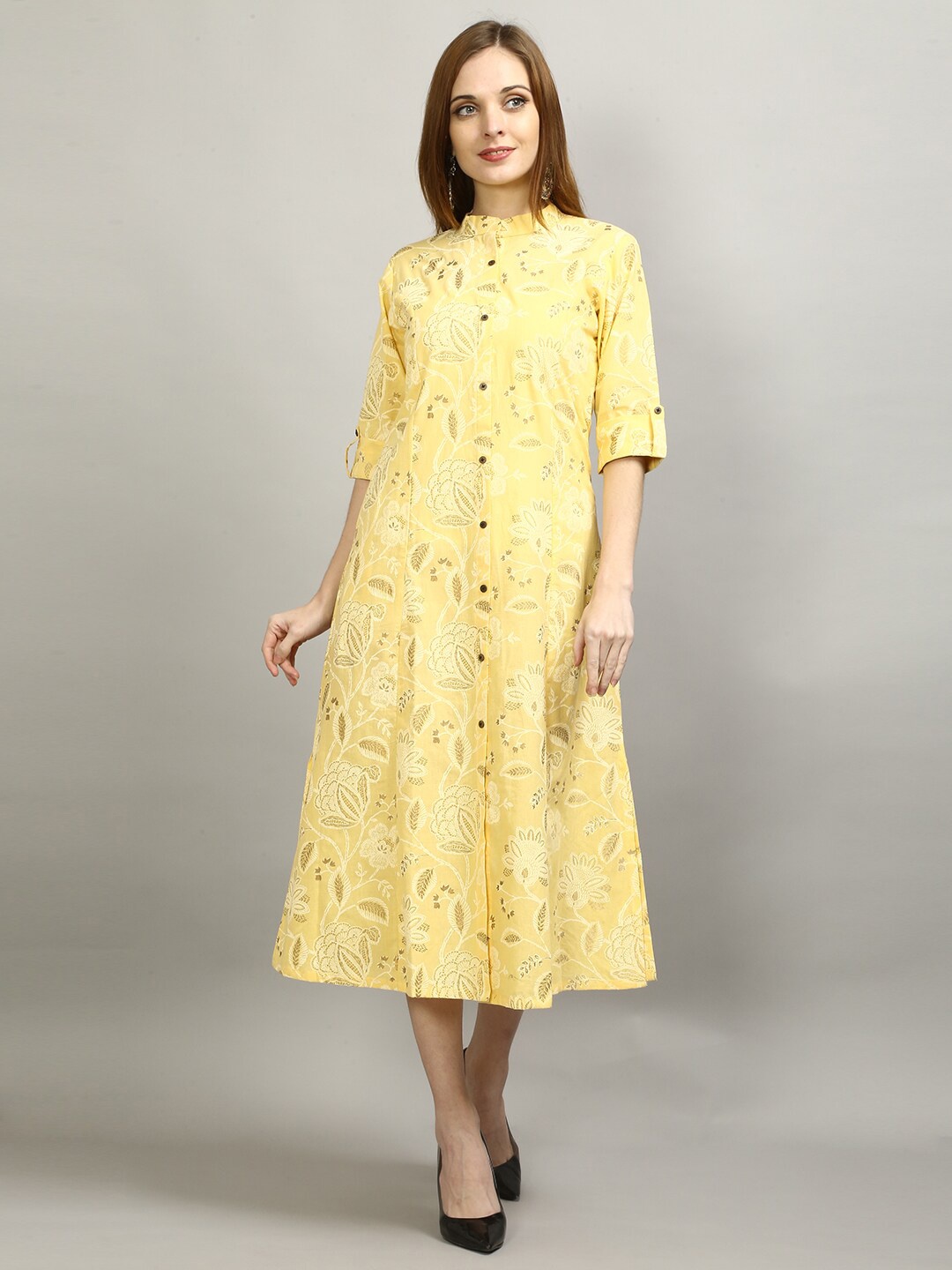 

FLAVIDO Yellow Ethnic Motifs Ethnic A-Line Midi Dress