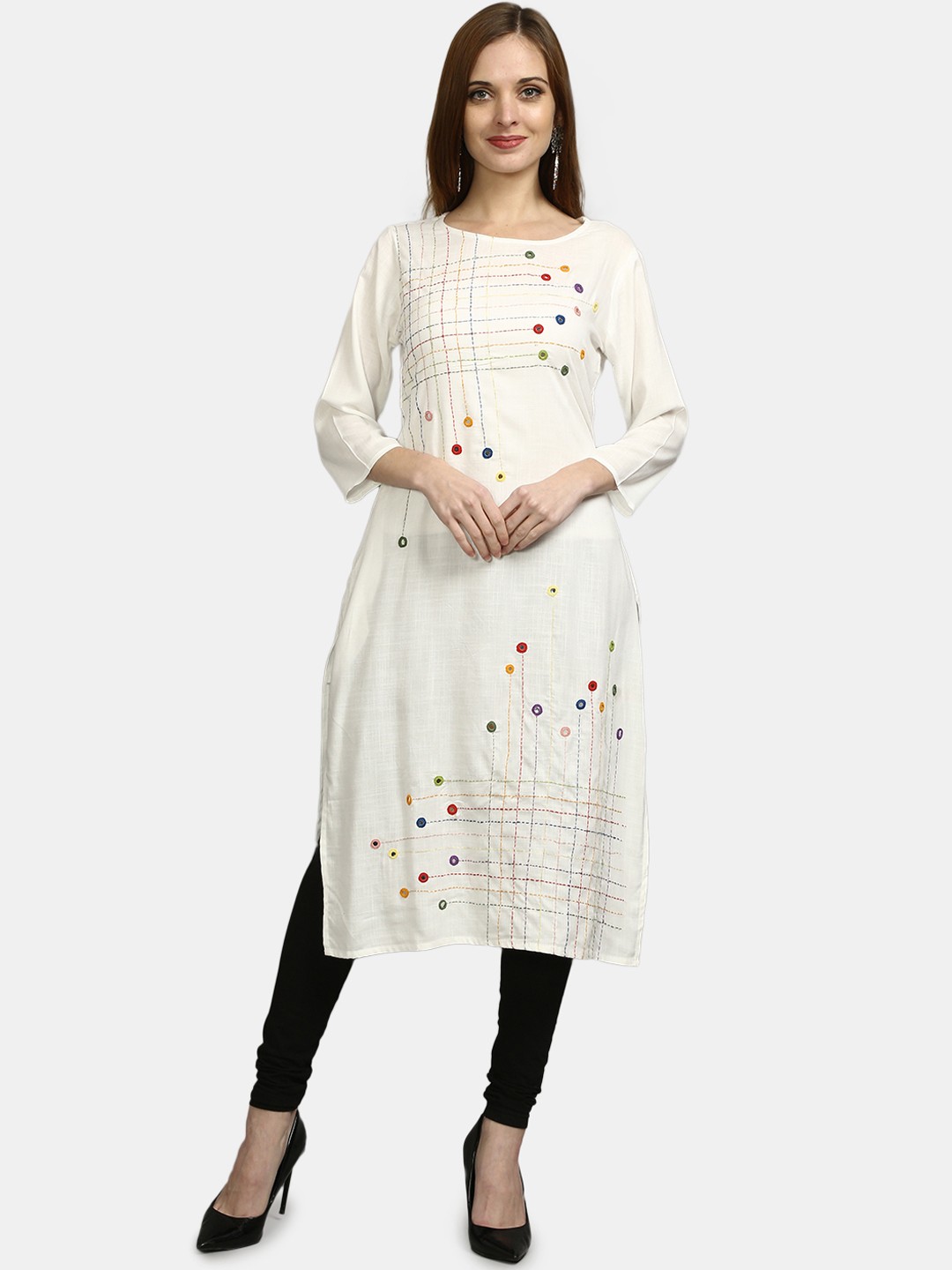 

FLAVIDO Women White Geometric Embroidered Thread Work Kurta