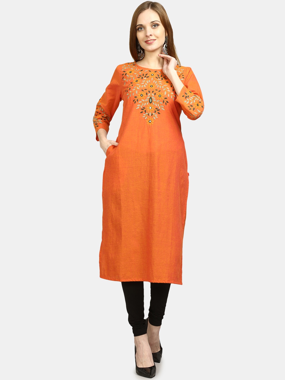 

FLAVIDO Women Orange Ethnic Motifs Embroidered Thread Work Kurta