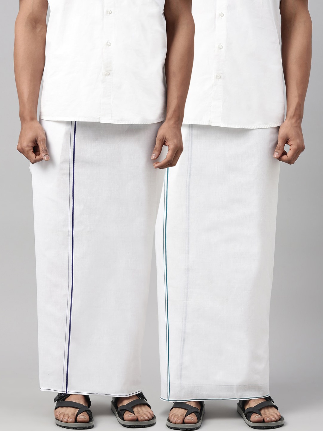 

WHITE HEART Men Pack Of 2 Royal Blue & Teal Green Bold Border Pure Cotton Dhotis
