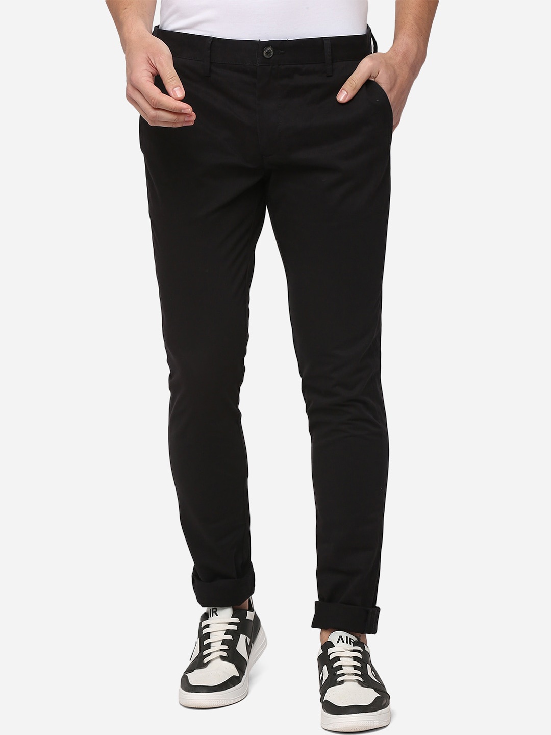 

JADE BLUE Men Black Slim Fit Pure Cotton Trousers