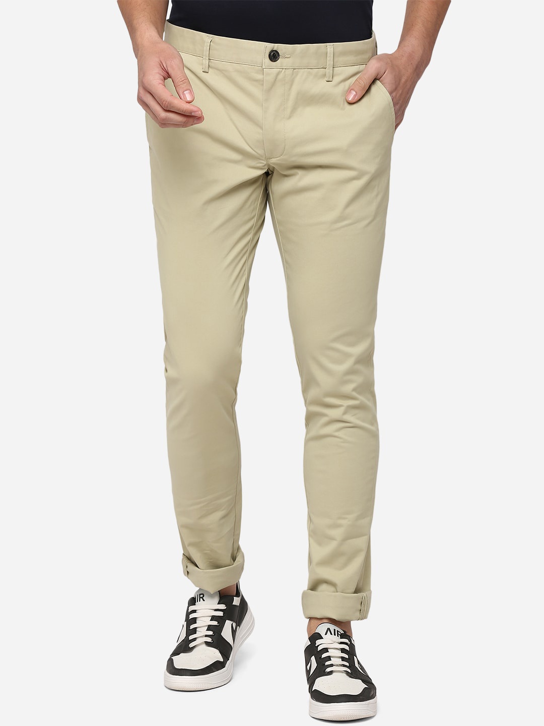 

JADE BLUE Men Beige Slim Fit Pure Cotton Trousers