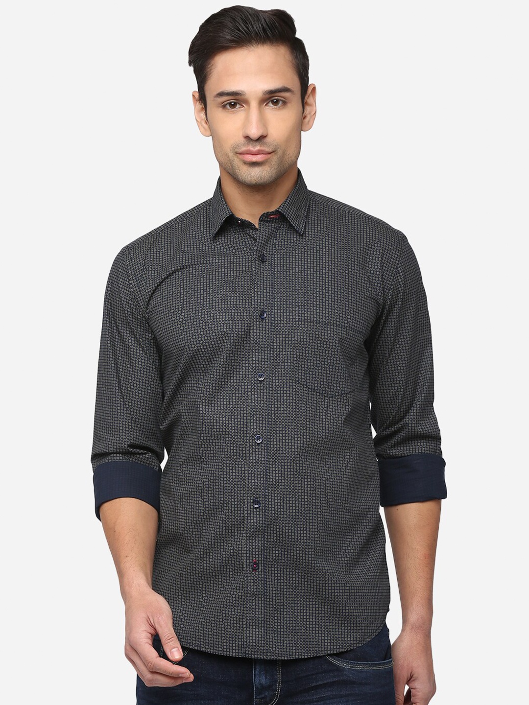 

JADE BLUE Men Blue & Beige Classic Slim Fit Printed Pure Cotton Casual Shirt