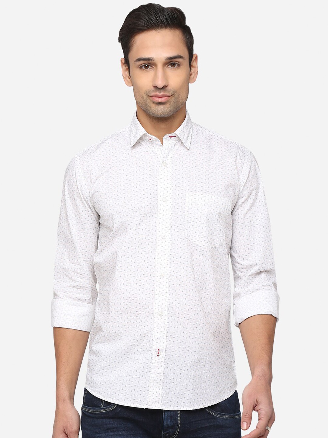 

JADE BLUE Men White & Black Classic Slim Fit Printed Pure Cotton Casual Shirt