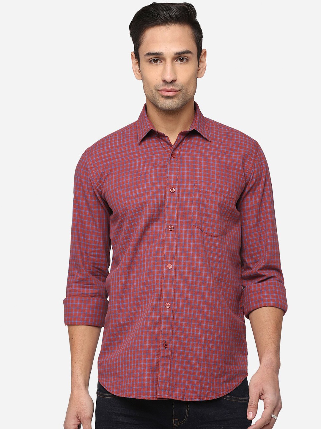 

JADE BLUE Men Maroon & Blue Classic Slim Fit Checked Pure Cotton Casual Shirt