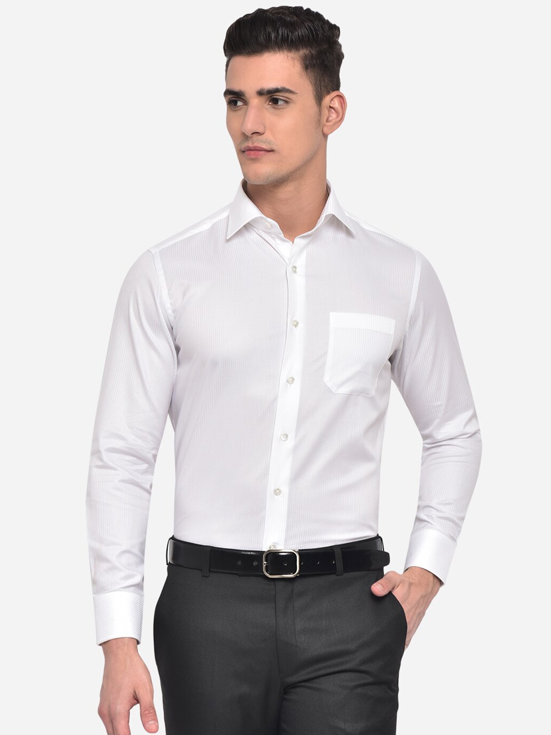 

JADE BLUE Men White Classic Slim Fit Striped Pure Cotton Formal Shirt